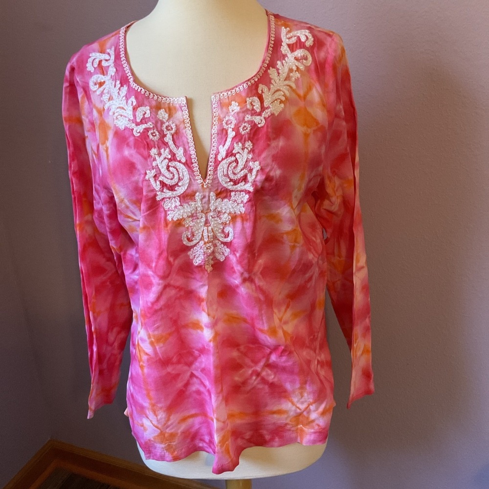 J Jill Pink Tie Dye Long Sleeve V Neck Tunic‎ Top Boho Beach Size Medium Petite